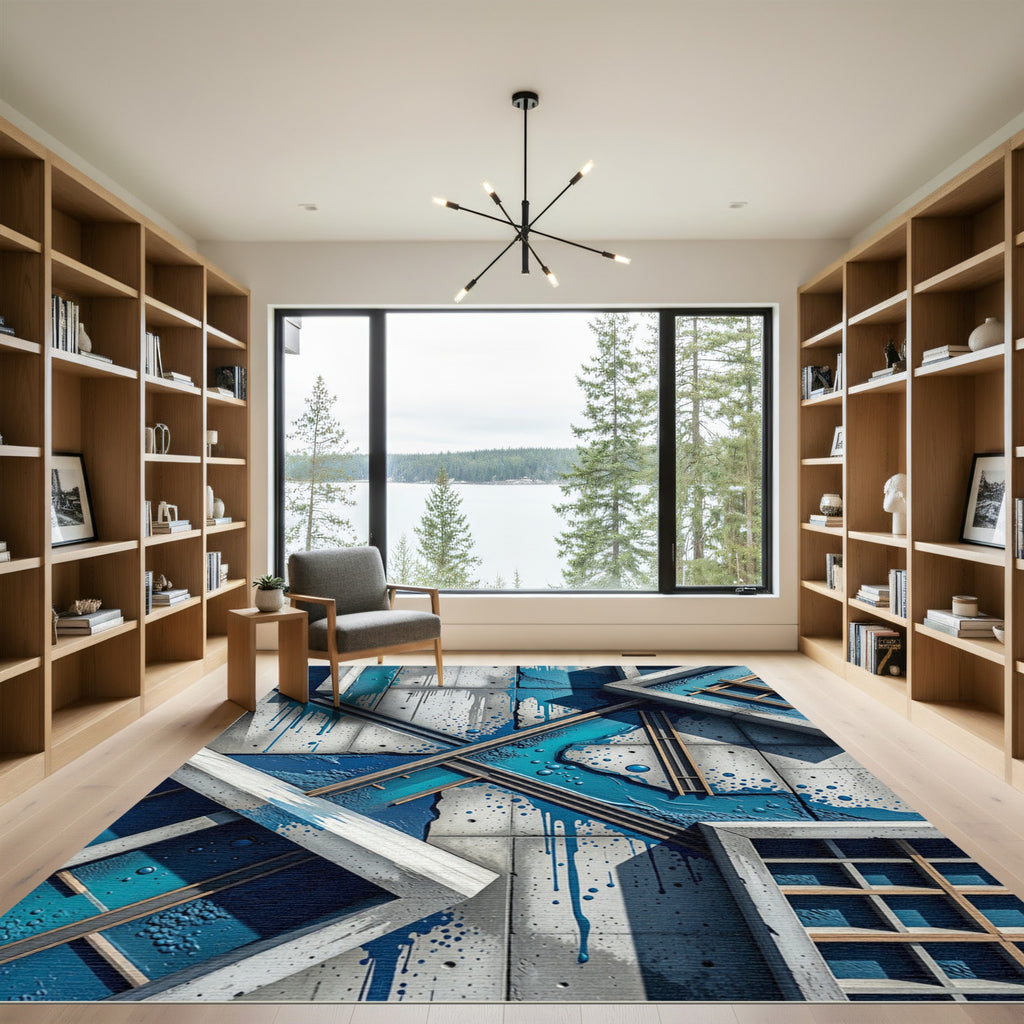 Abstract Blue Drip Concrete Frame Rug