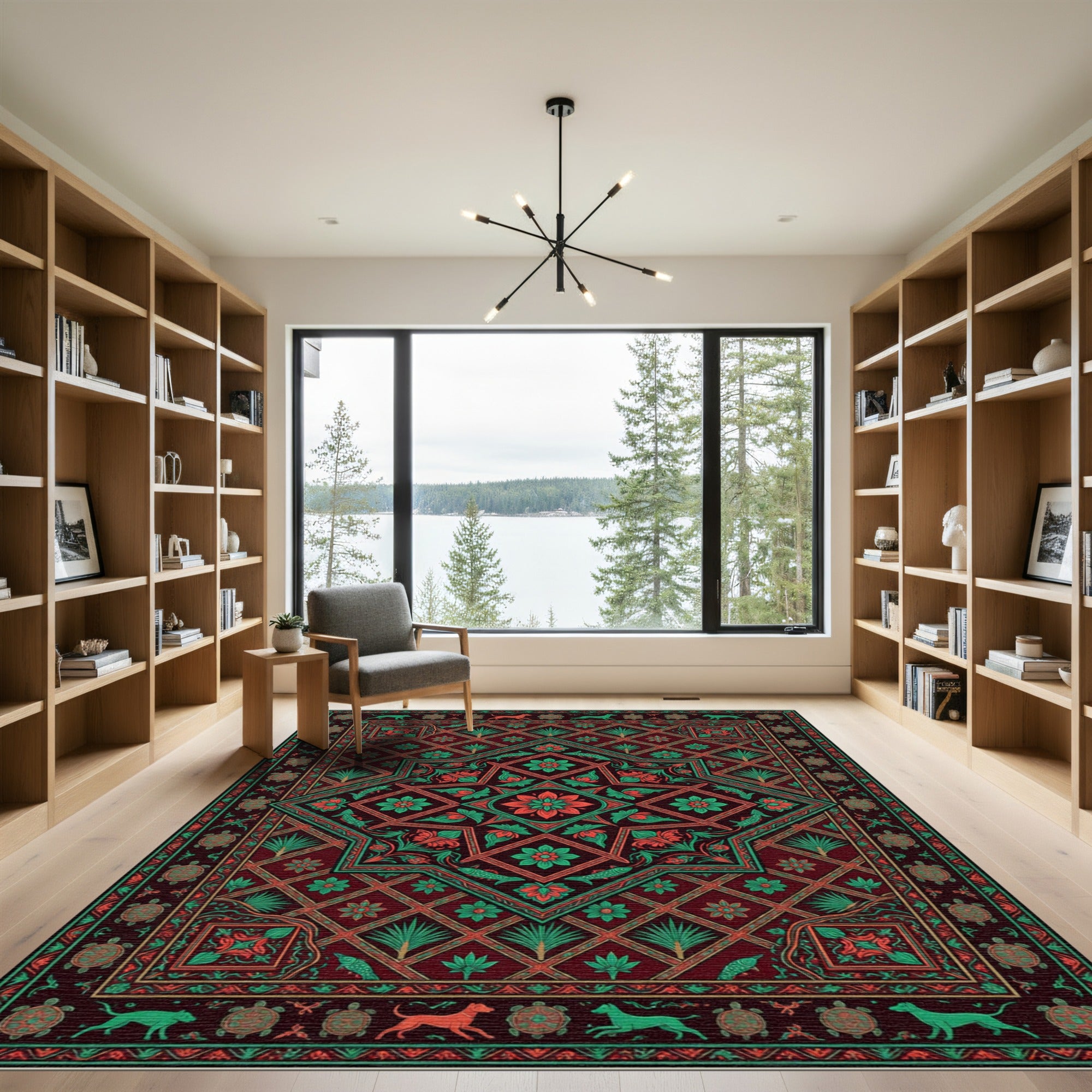 Rich Red Teal Floral Wildlife Medallion Rug