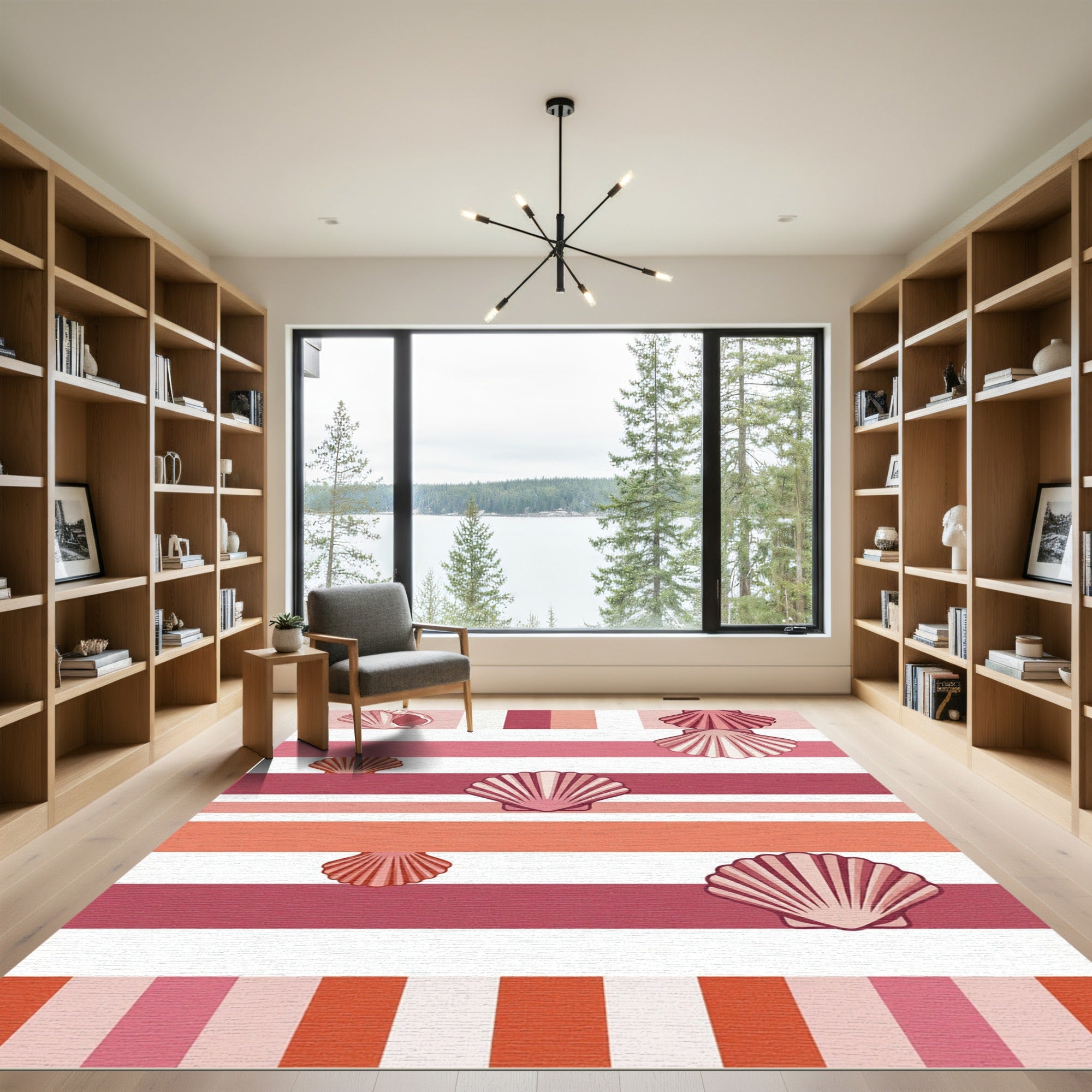 Coral Pink Striped Seashell Pattern Rug