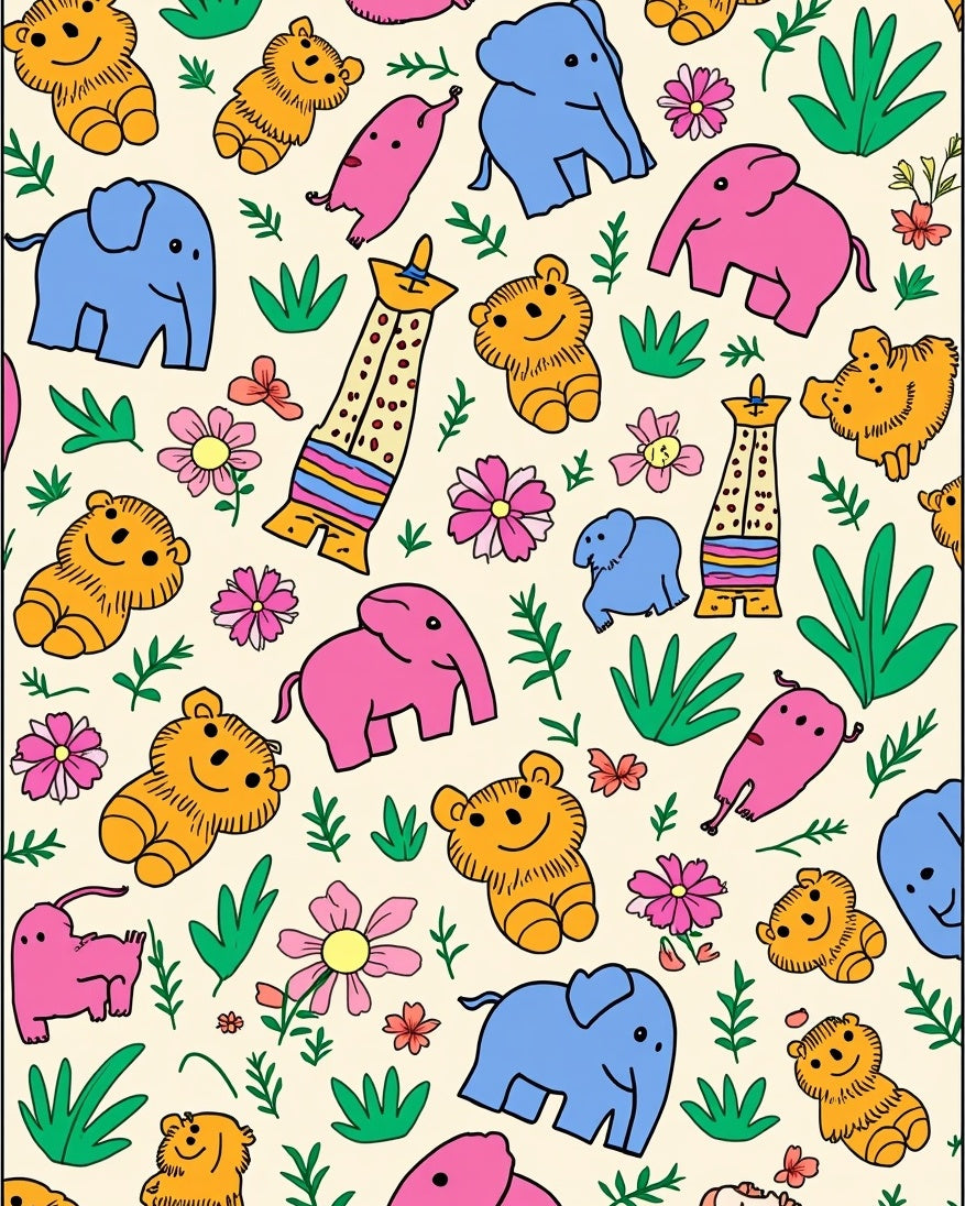 Playful Animals and Flowers Pattern Rug