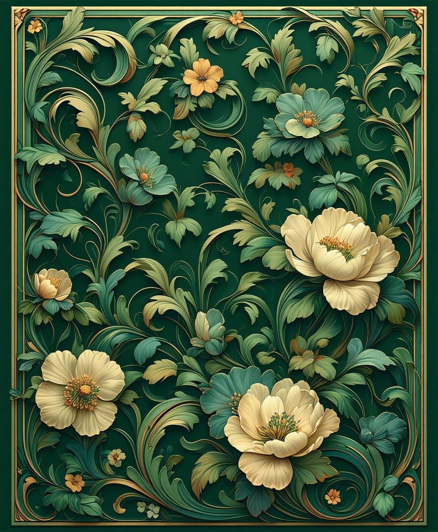 Rich Emerald Floral Scroll Design Rug