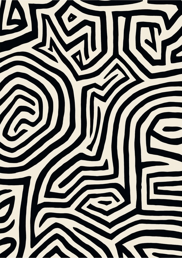 Bold Black White Abstract Maze Rug