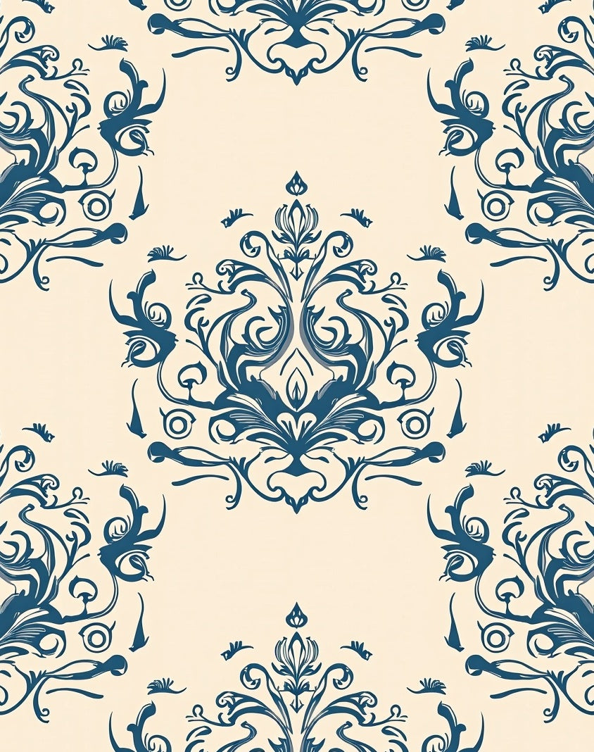 Classic Navy Blue Floral Damask Rug