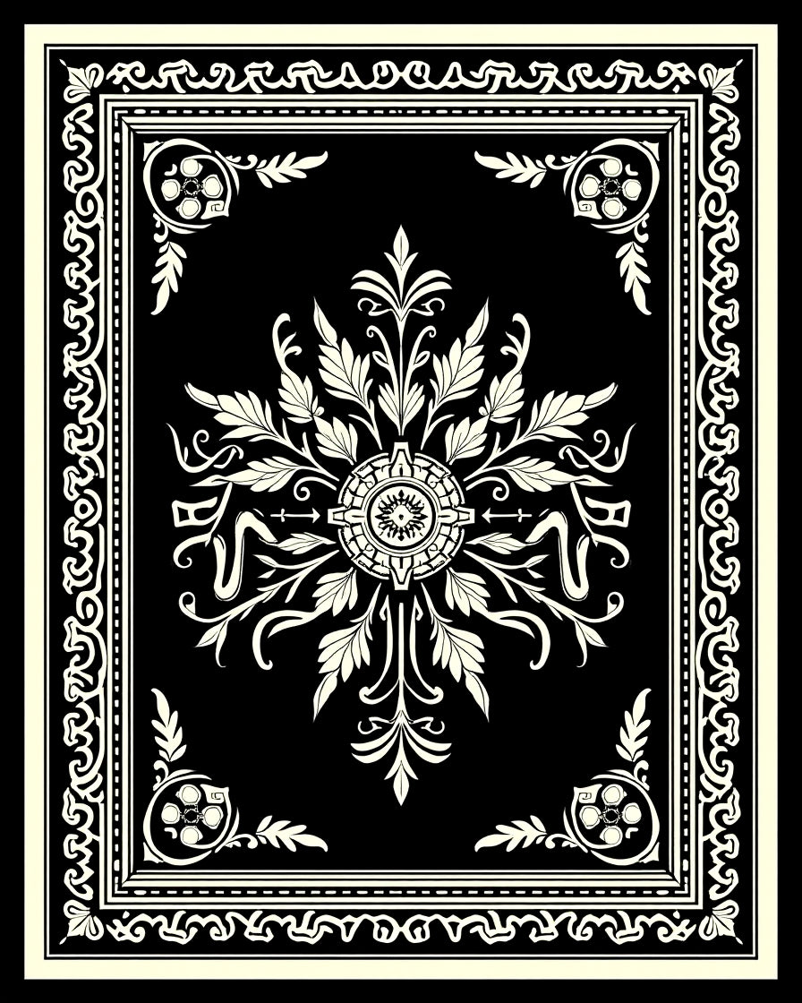 Ornate Black and Cream Floral Design Rug