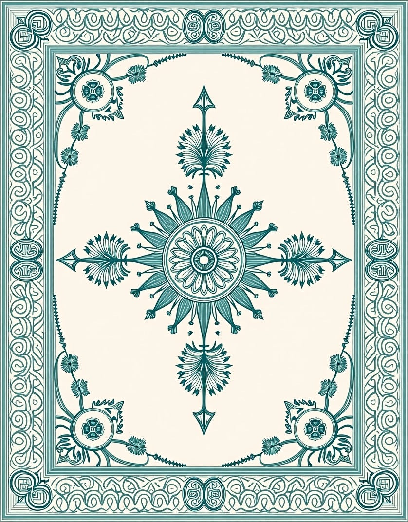 Teal Floral Medallion Rectangular Border Rug