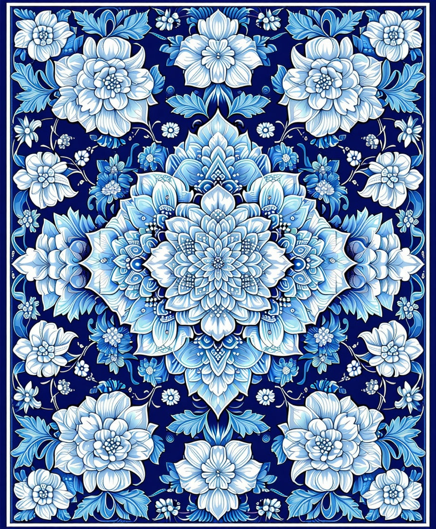 Intricate Blue Floral Mandala Pattern Rug
