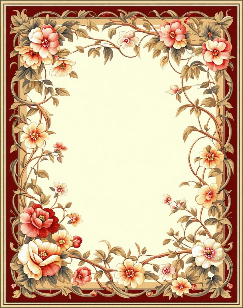 Ornate Floral Vines Border Design Rug