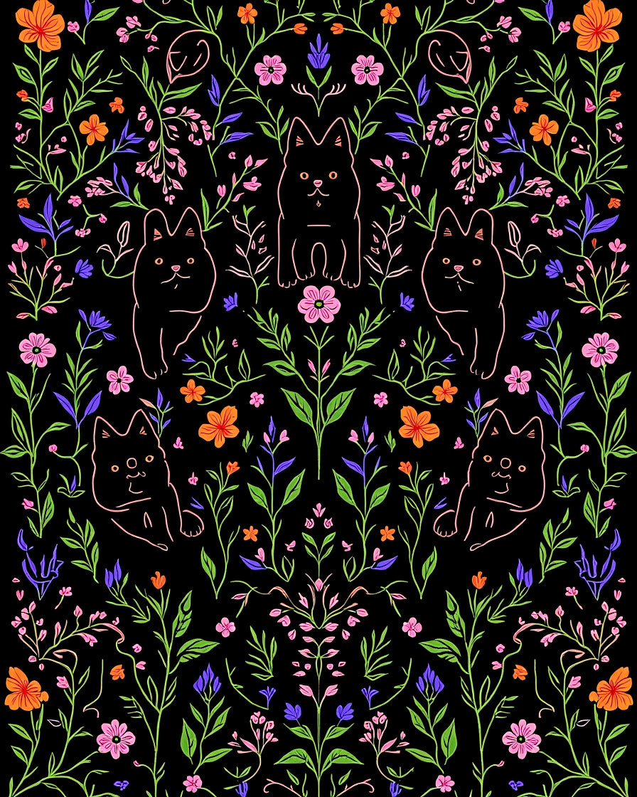 Whimsical Cat Floral Pattern Design Rug