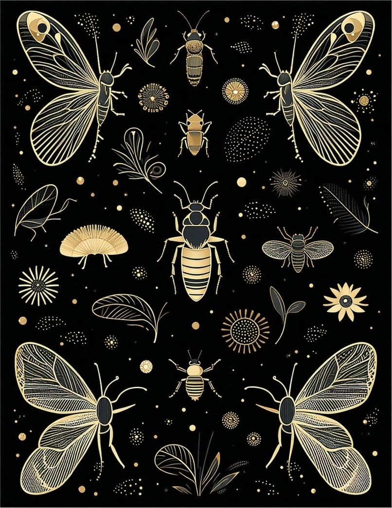 Elegant Gold Insect Butterfly Design Rug