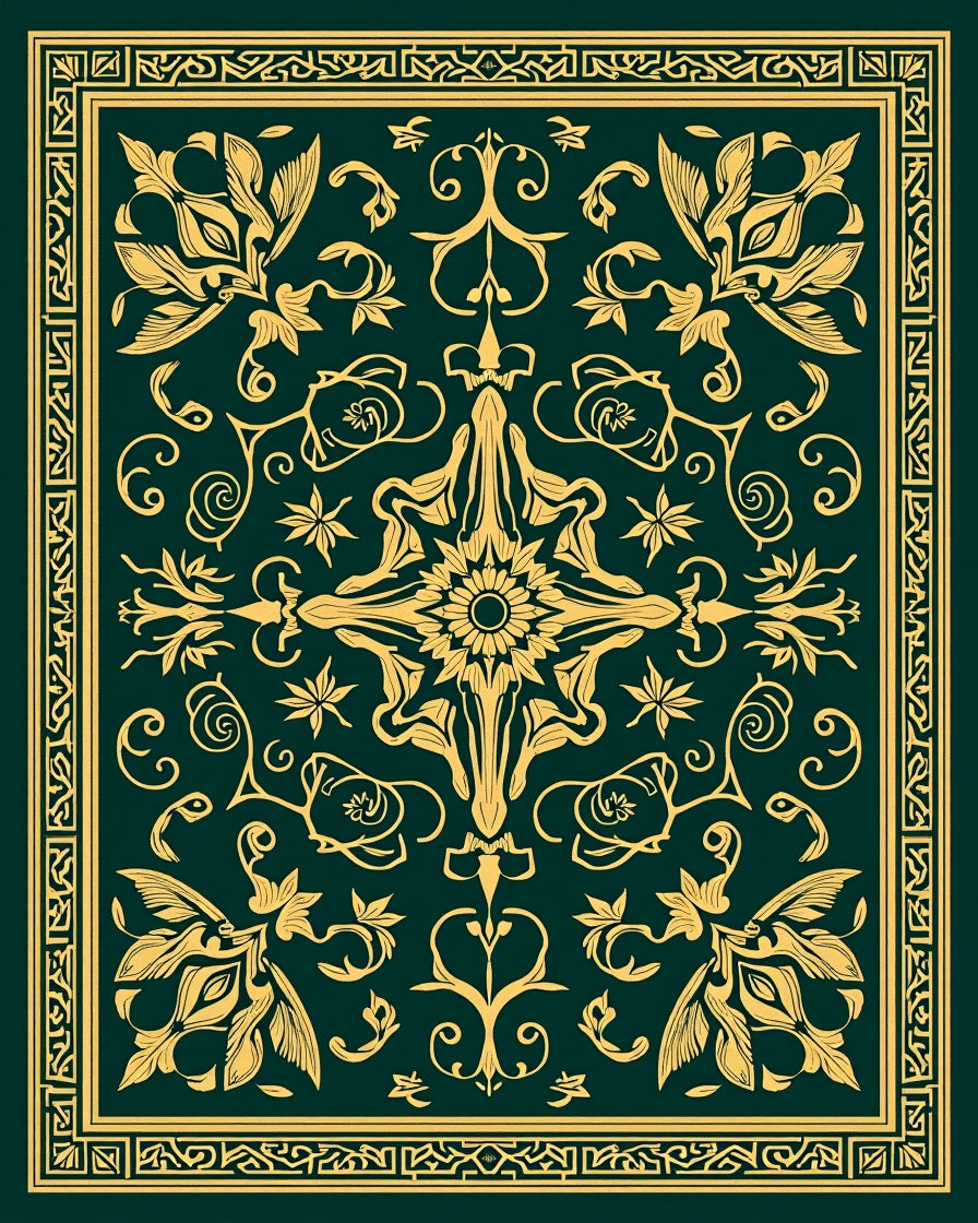 Golden Floral Art Nouveau Border Design Rug