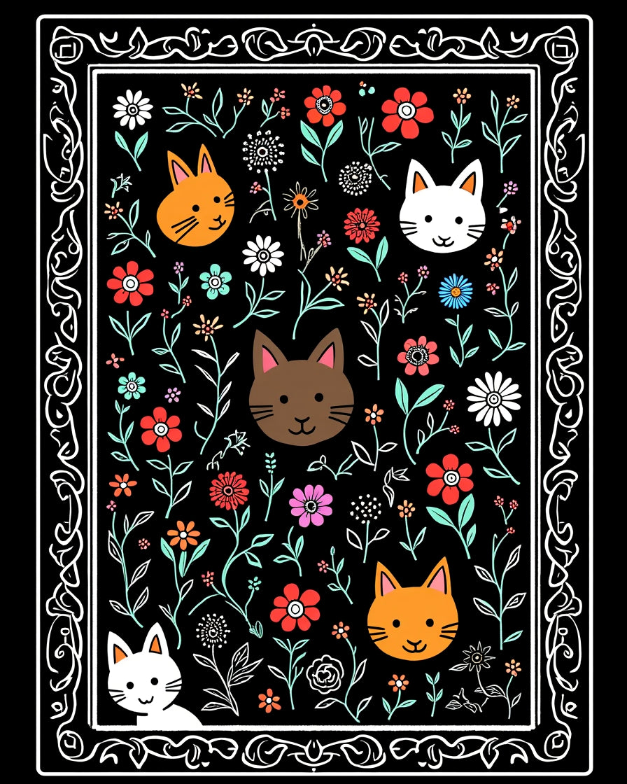 Whimsical Floral Cat Faces Pattern Rug