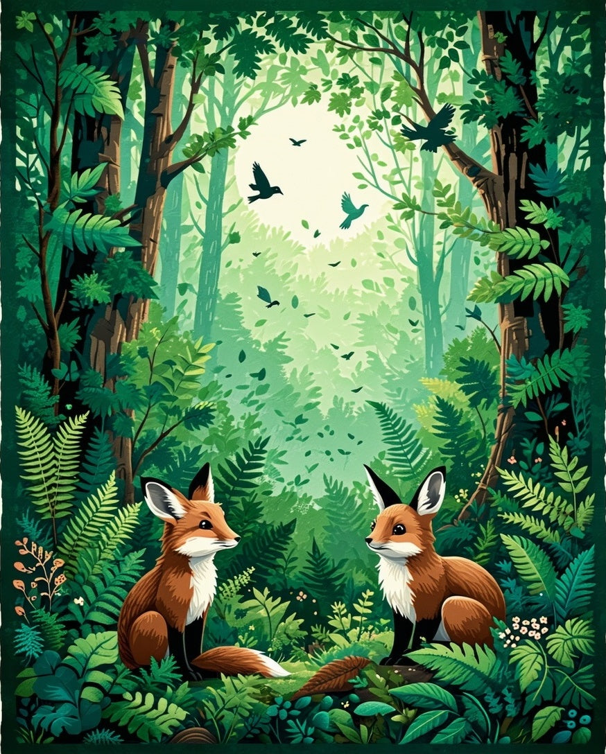 Enchanting Woodland Foxes With Birds Design Rug
