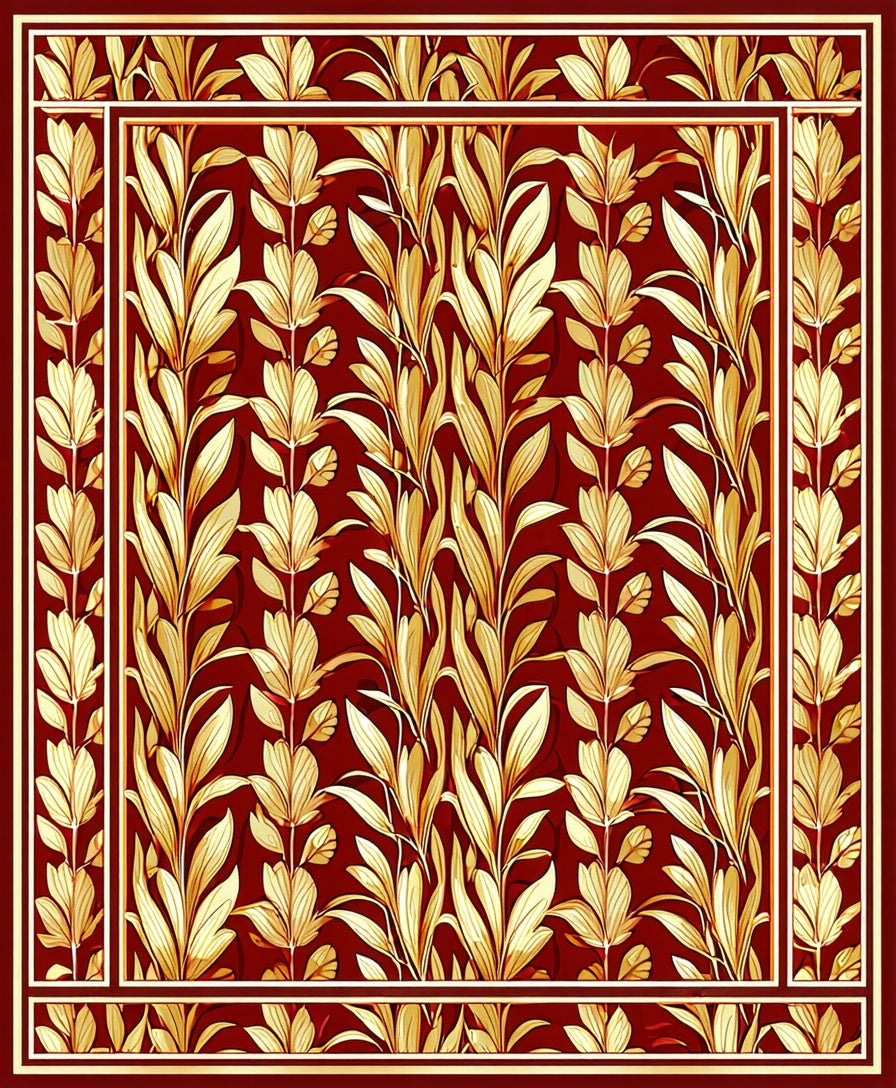 Regal Red Golden Leaf Pattern Rug