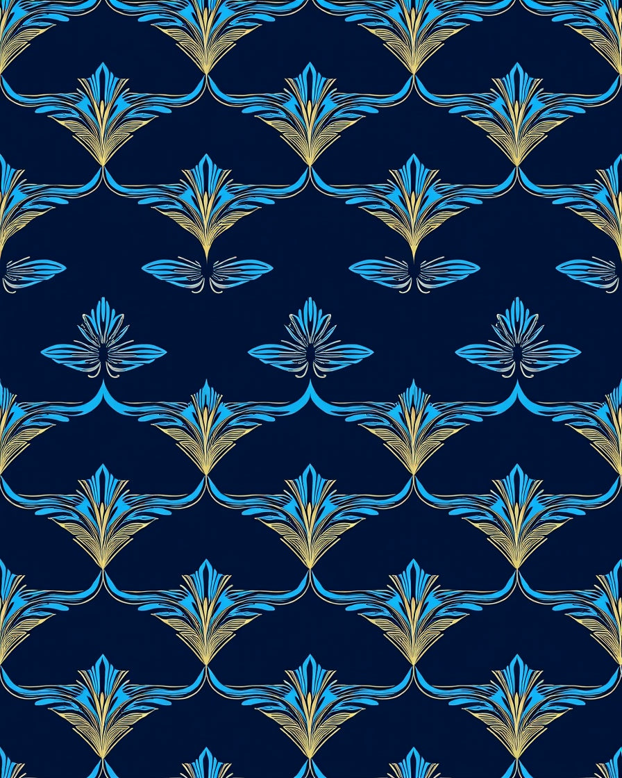 Art Deco Blue Gold Floral Pattern Rug