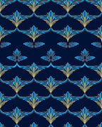 Art Deco Blue Gold Floral Pattern Rug