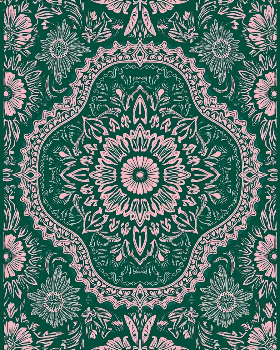 Floral Mandala Patterned Green Pink Rug
