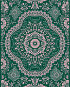 Floral Mandala Patterned Green Pink Rug