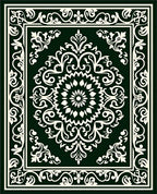 Dark Green Ivory Floral Medallion Border Rug
