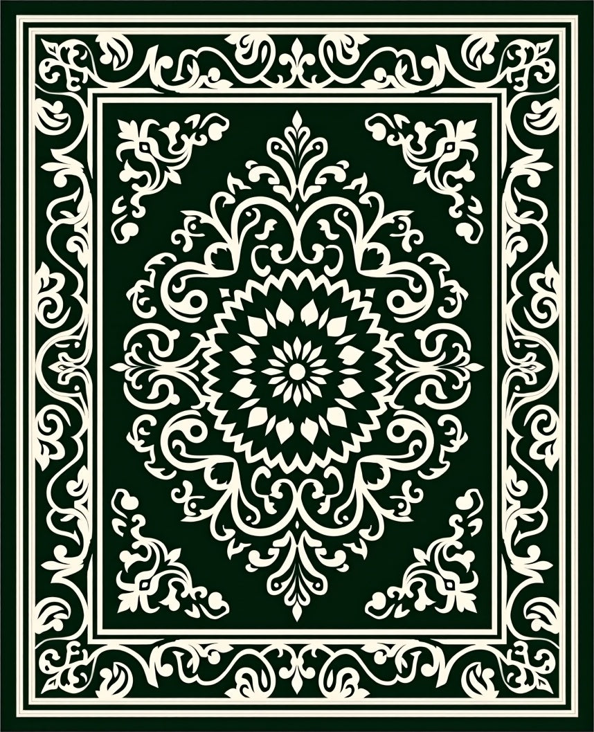 Dark Green Ivory Floral Medallion Border Rug