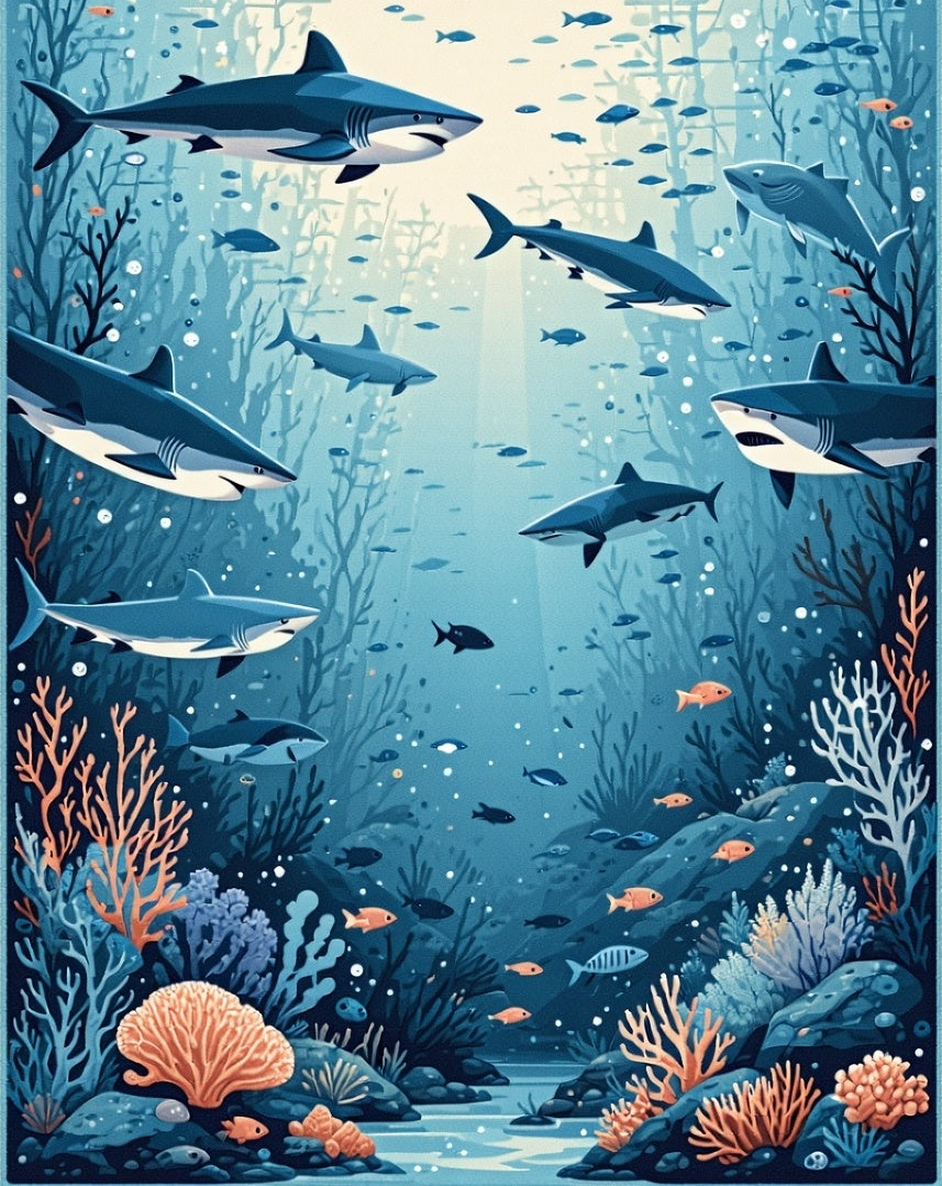 Sharks Coral Reef Underwater Scene Rug
