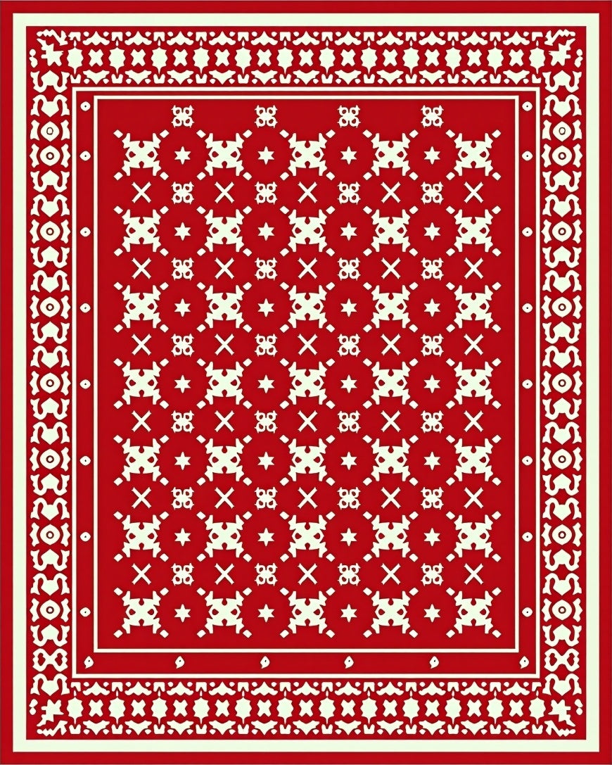 Red Cream Geometric Folk Pattern Rug