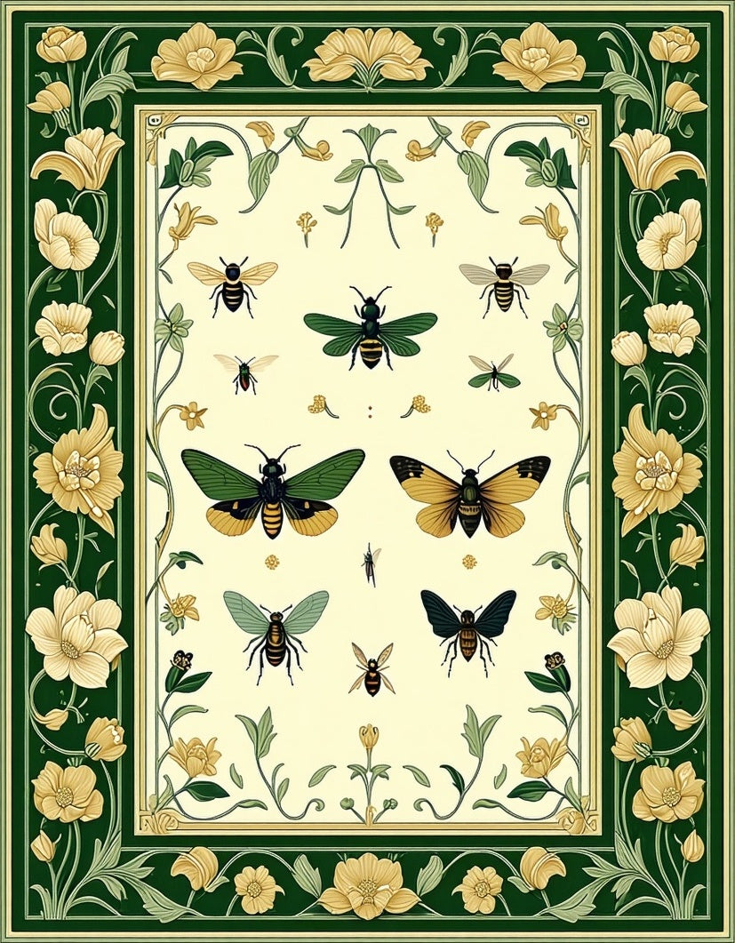 Botanical Insect Detailed Floral Pattern Rug