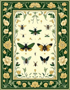 Botanical Insect Detailed Floral Pattern Rug