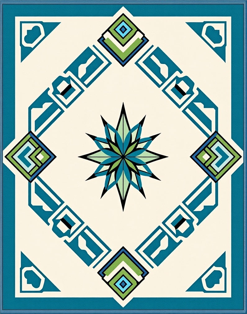 Teal Blue Geometric Starburst Rug