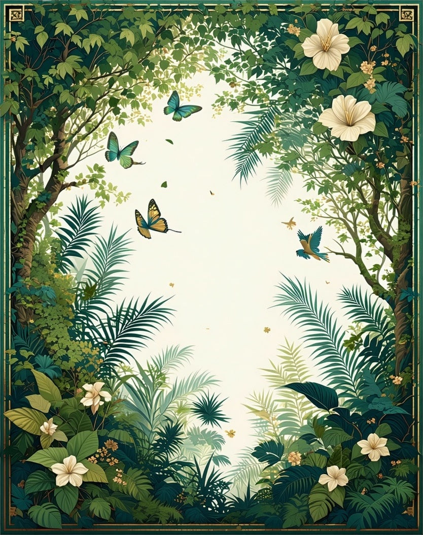 Tropical Jungle Butterfly Floral Scene Rug