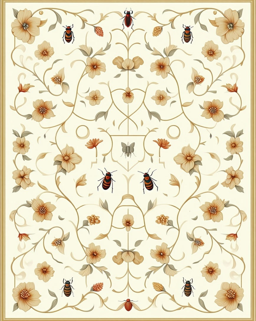 Ornate Floral Insect Botanical Garden Design Rug