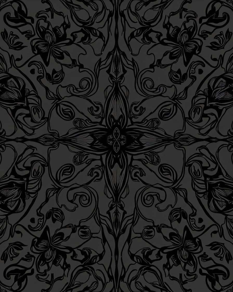 Dark Floral Symmetry Scroll Design Rug