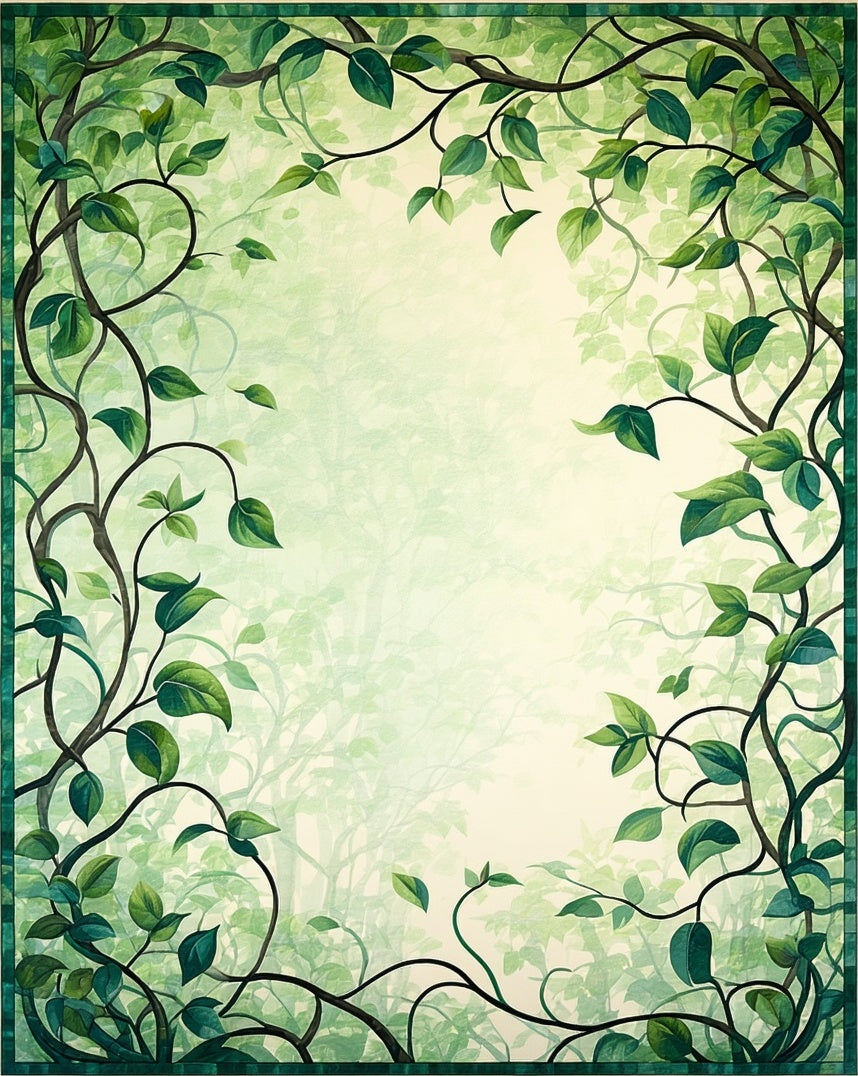 Whimsical Vine Botanical Green Border Rug