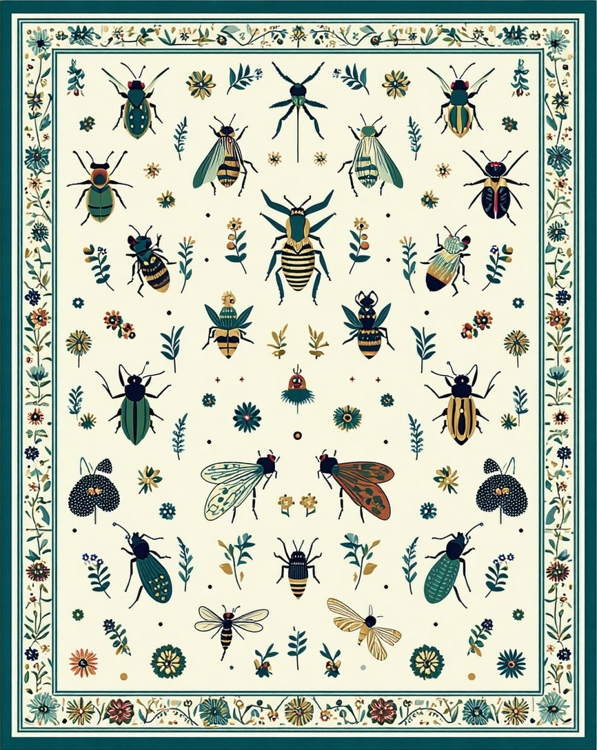 Whimsical Insect Floral Border Pattern Rug