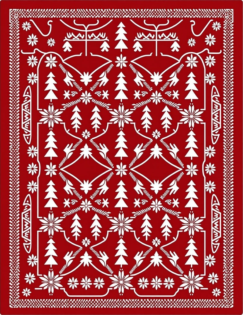 Crimson White Pinecone Floral Brocade Rug