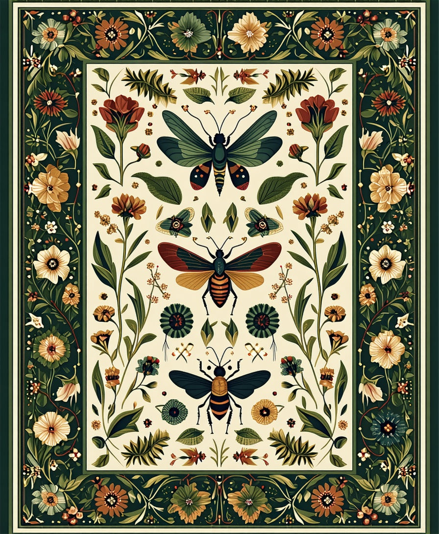 Ornate Floral Insect Garden Design Rug