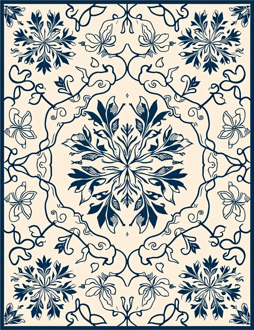 Dark Blue Floral Scroll Pattern Rug