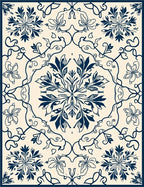 Dark Blue Floral Scroll Pattern Rug