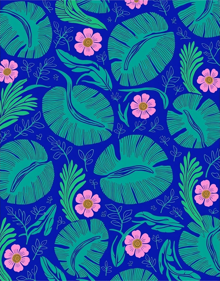 Tropical Leaf and Flower Pattern Rug