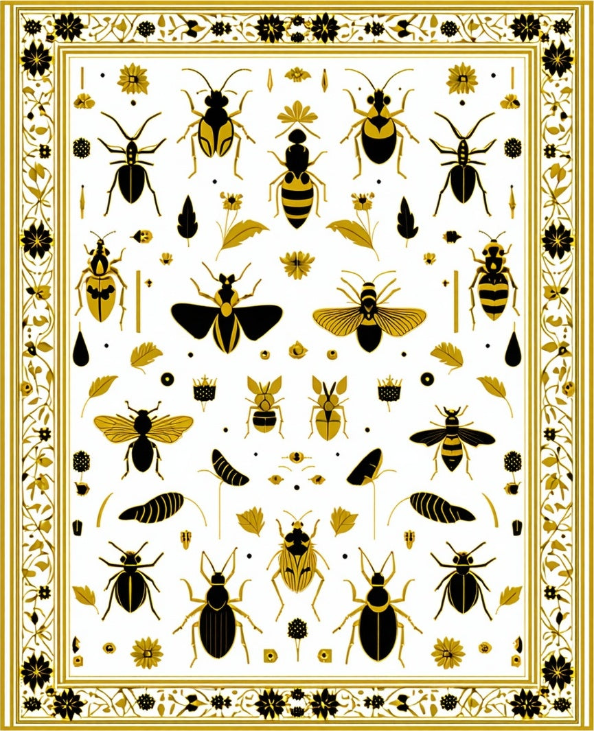 Golden Insect And Floral Pattern Rug