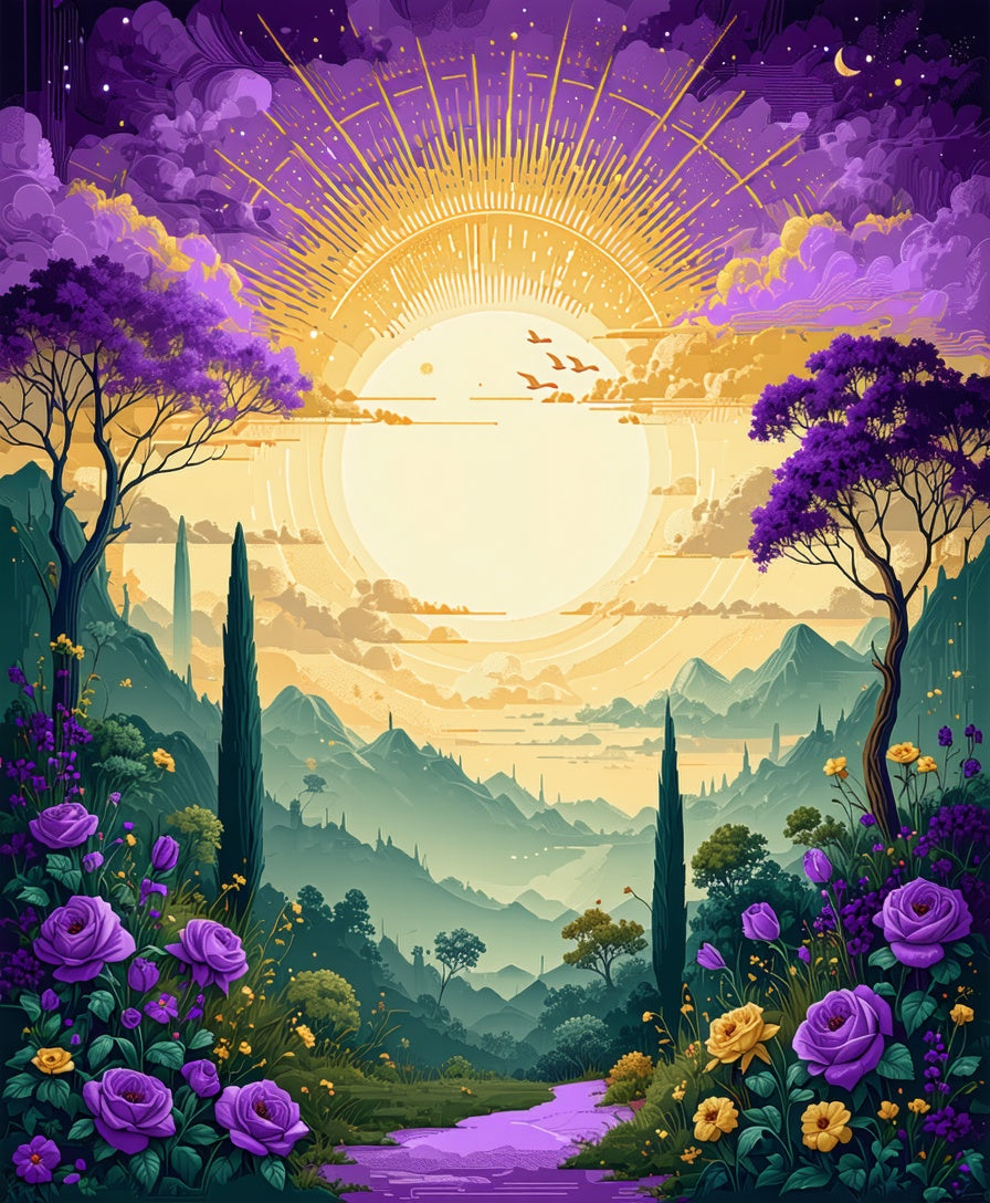 Dreamy Purple Floral Mountain Landscape Rug