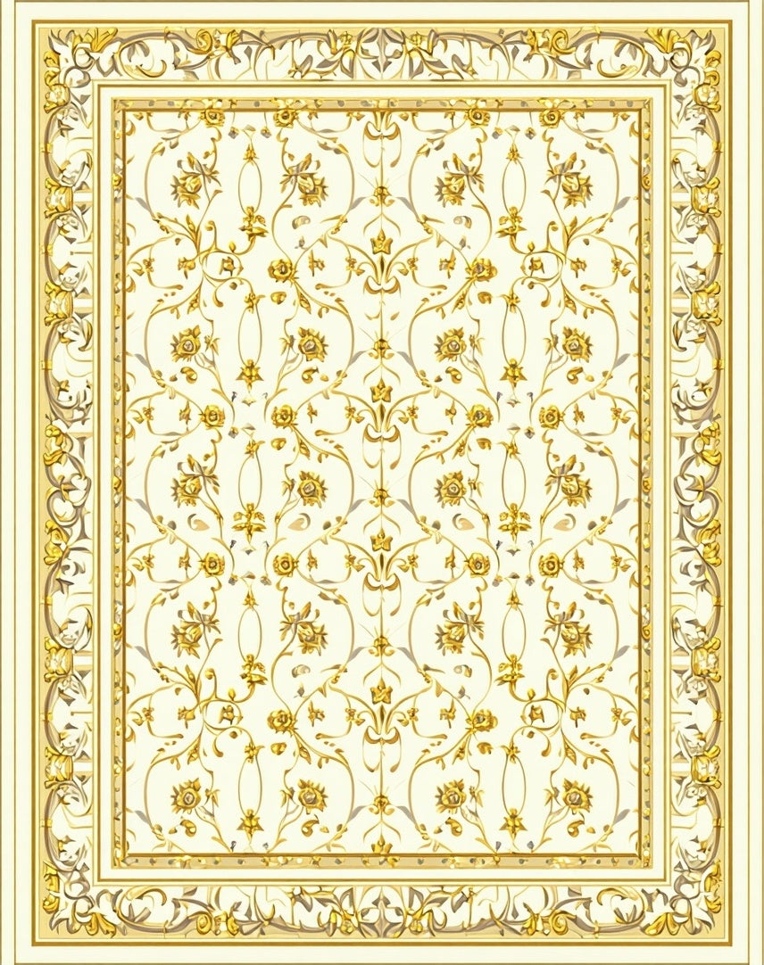Elegant Gold Floral Scroll Pattern Rug