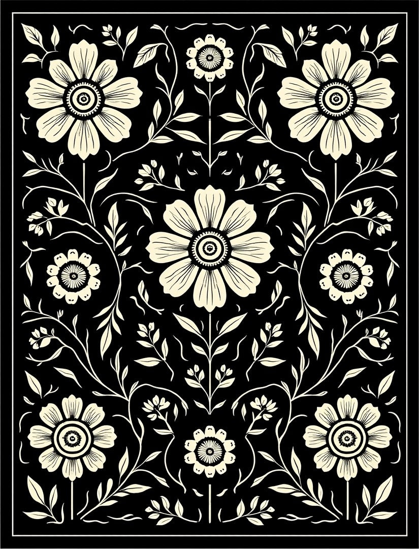 Black Cream Floral Vine Pattern Rug