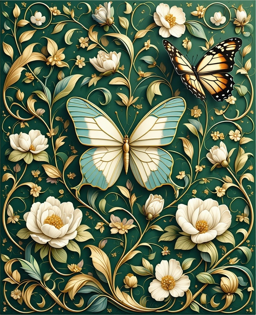 Emerald Green Butterfly Floral Pattern Rug