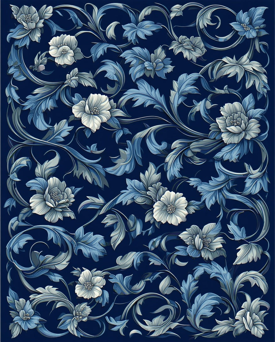 Classic Blue Floral Scroll Pattern Rug