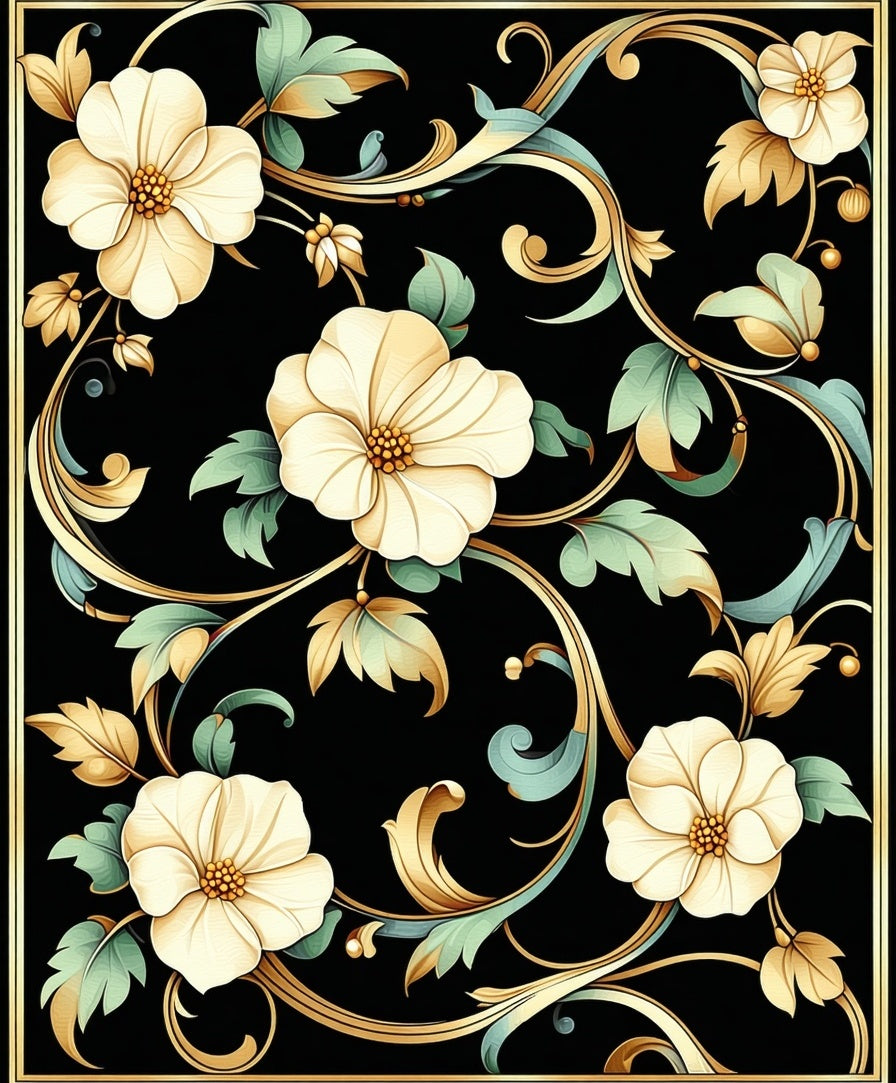 Ornate Floral Swirls on Black Rug