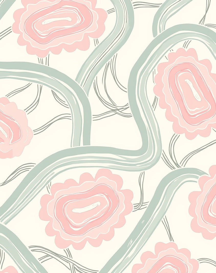 Abstract Blossom Swirls Pink Green Design Rug