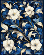 Royal Blue White Floral Art Rug