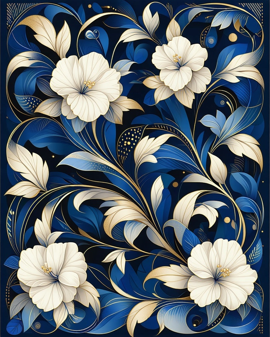 Royal Blue White Floral Art Rug