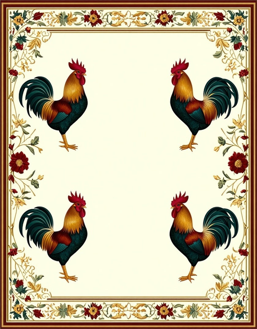 Rooster Floral Border Design Rug