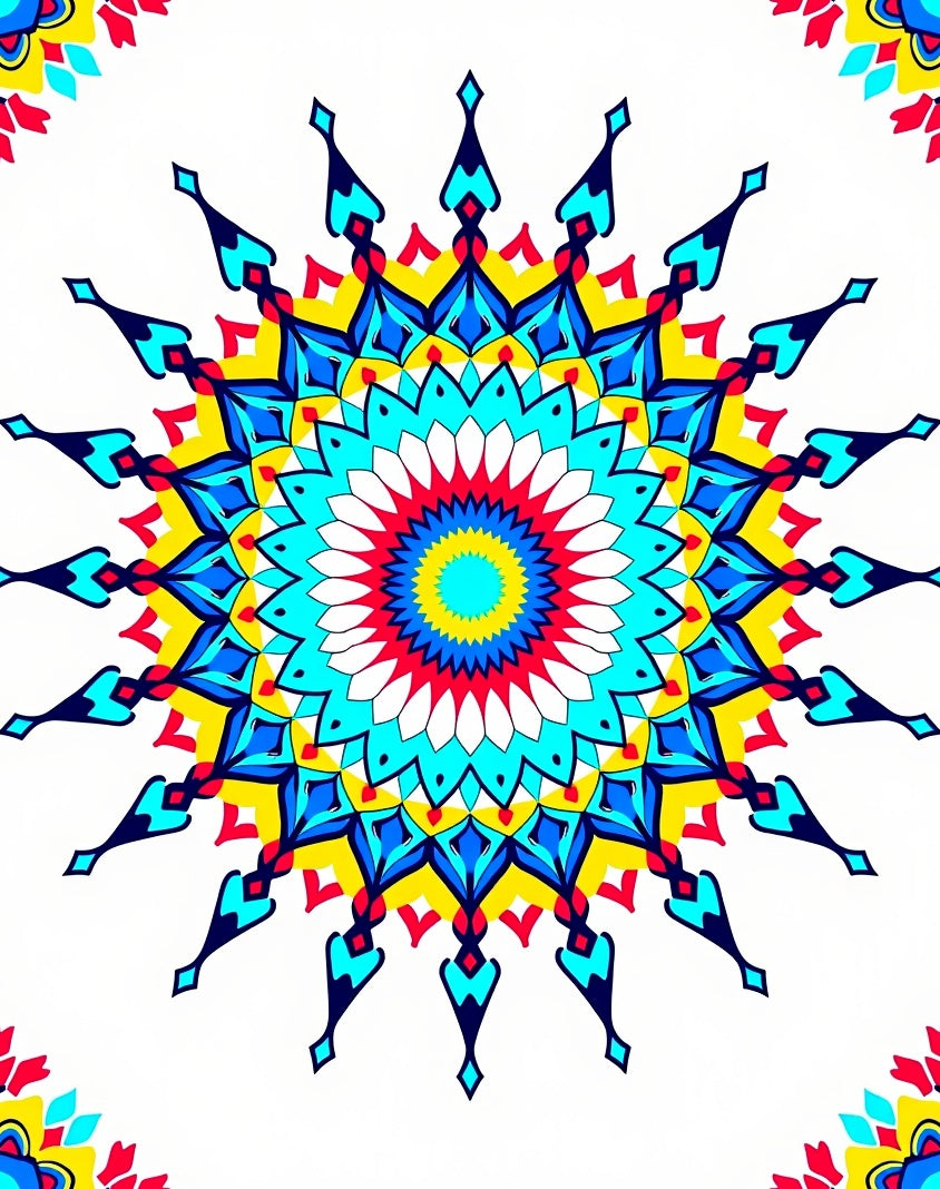 Radiant Sunburst Mandala Blue Yellow Red Rug
